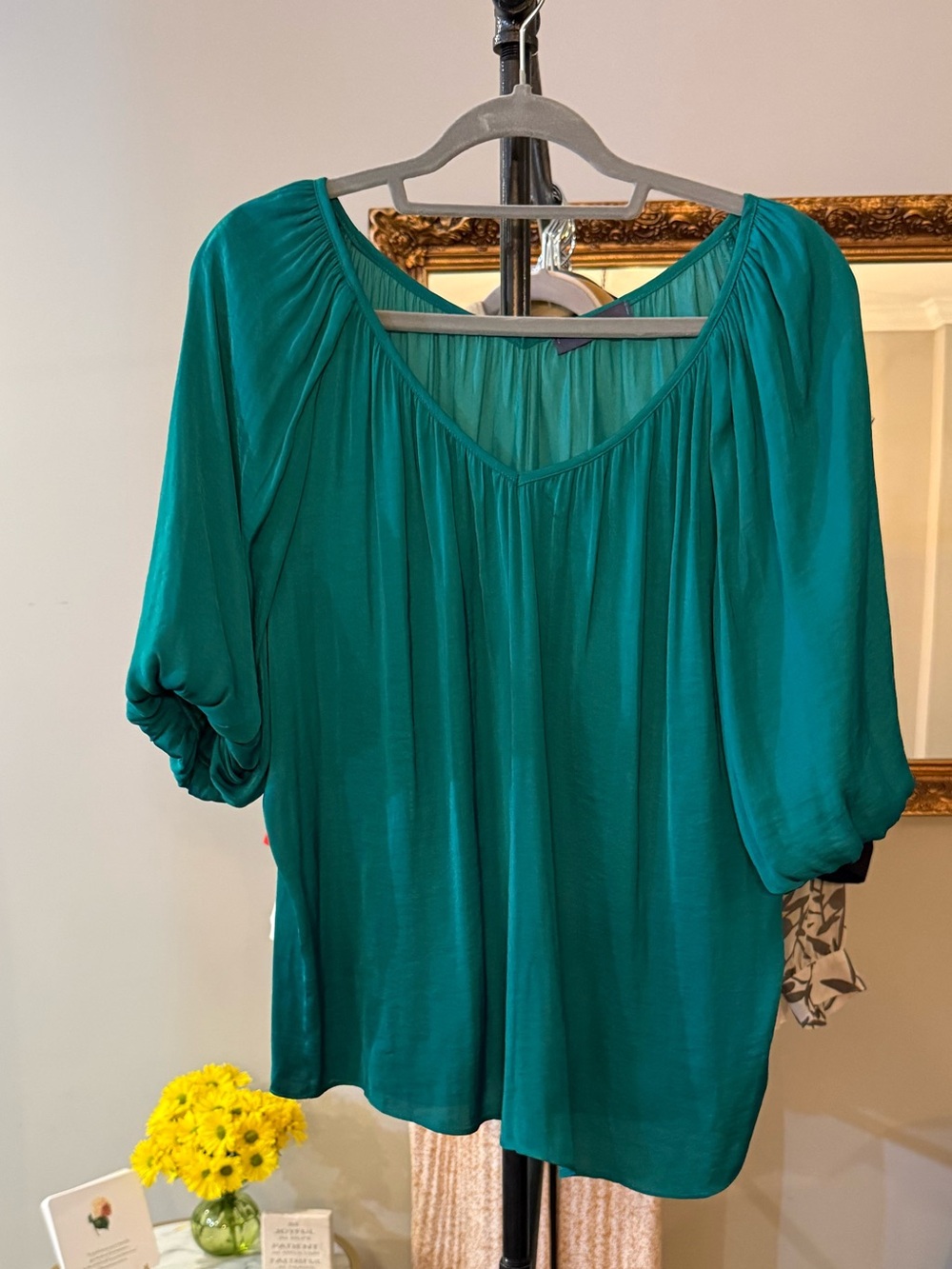 KLd Made in USA Women’s Green Peasant Blouse - Relaxed V-Neck Top